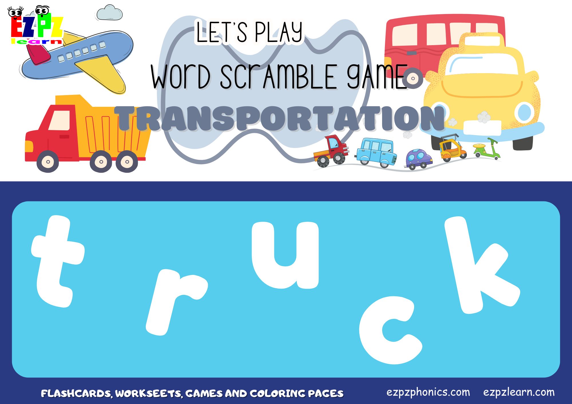 Transportation and Vehicles Vocabulary Word Scramble Guessing Game. Great for kids and English language learners.